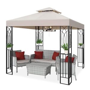 coos bay 8x8 outdoor patio gazebo with corner shelves, two-tiered soft top canopy for backyard, lawn, deck and garden, beige