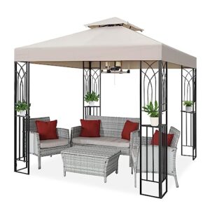 COOS BAY 8x8 Outdoor Patio Gazebo with Corner Shelves, Two-Tiered Soft Top Canopy for Backyard, Lawn, Deck and Garden, Beige