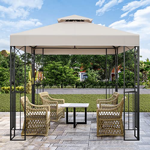 COOS BAY 8x8 Outdoor Patio Gazebo with Corner Shelves, Two-Tiered Soft Top Canopy for Backyard, Lawn, Deck and Garden, Beige