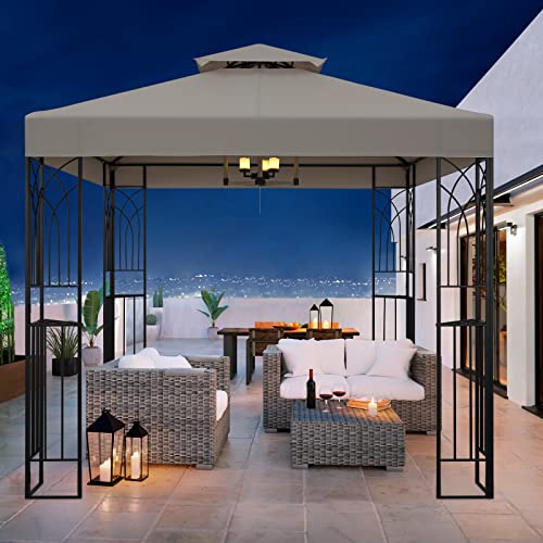 COOS BAY 8x8 Outdoor Patio Gazebo with Corner Shelves, Two-Tiered Soft Top Canopy for Backyard, Lawn, Deck and Garden, Beige