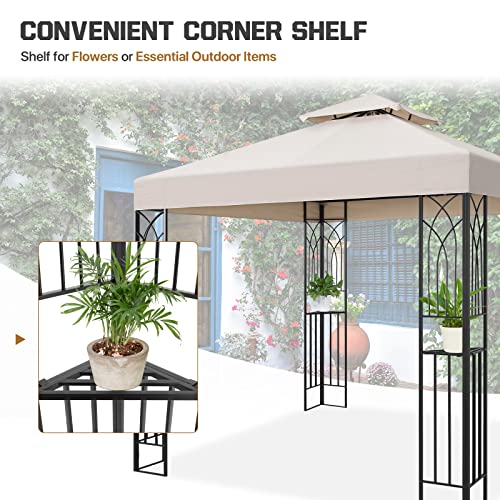 COOS BAY 8x8 Outdoor Patio Gazebo with Corner Shelves, Two-Tiered Soft Top Canopy for Backyard, Lawn, Deck and Garden, Beige