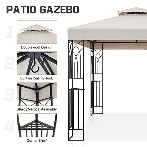 COOS BAY 8x8 Outdoor Patio Gazebo with Corner Shelves, Two-Tiered Soft Top Canopy for Backyard, Lawn, Deck and Garden, Beige