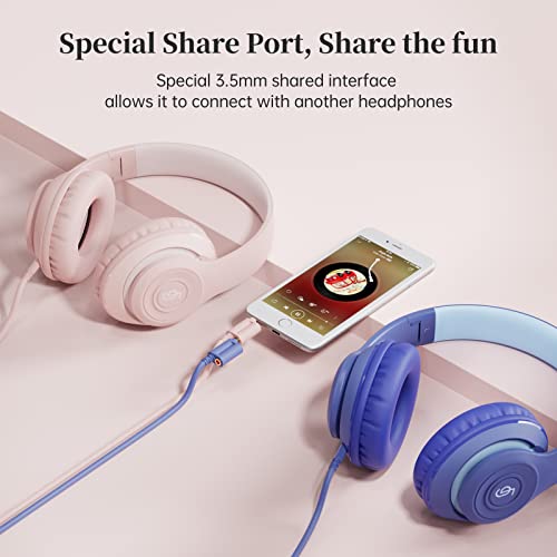 FINGERTIME Kids Headphones, Foldable Stereo 3.5mm Wired Headphones, Toddler Headphones with Sharing Function,Volume Limiter 85/94dB, Headphones for Kids/Boy/Girl/Travel/Tablet (Pink)