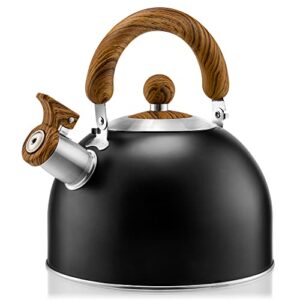 tea kettle stovetop - hihuos 2.6qt whistling teapot with removable spout - stainless steel tea pots for stove top, 3-ply composite base, fast boiling teakettle work for all heat sources (black)