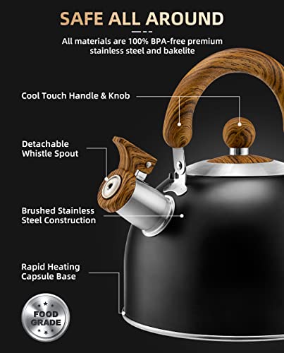 Tea Kettle Stovetop - HIHUOS 2.6QT Whistling Teapot with Removable Spout - Stainless Steel Tea Pots for Stove Top, 3-ply Composite Base, Fast Boiling Teakettle Work for All Heat Sources (Black)