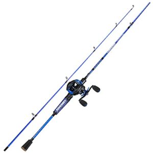 one bass fishing rod reel combo, baitcasting fishing pole with graphite 2pc blanks - blue -right handed - 6'