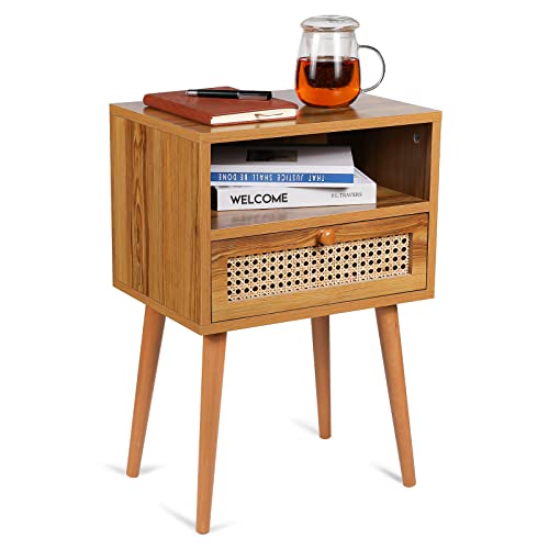 Rattan Nightstand Bedside Tables, Modern Wood Side Table Small End Table for Bedroom Living Room with Long Solid Wood Legs Drawer and Open Shelf