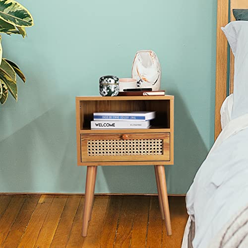 Rattan Nightstand Bedside Tables, Modern Wood Side Table Small End Table for Bedroom Living Room with Long Solid Wood Legs Drawer and Open Shelf