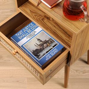 Rattan Nightstand Bedside Tables, Modern Wood Side Table Small End Table for Bedroom Living Room with Long Solid Wood Legs Drawer and Open Shelf