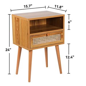 Rattan Nightstand Bedside Tables, Modern Wood Side Table Small End Table for Bedroom Living Room with Long Solid Wood Legs Drawer and Open Shelf