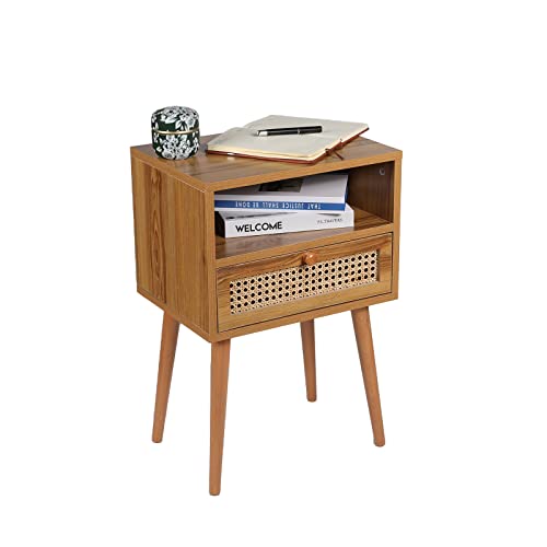 Rattan Nightstand Bedside Tables, Modern Wood Side Table Small End Table for Bedroom Living Room with Long Solid Wood Legs Drawer and Open Shelf