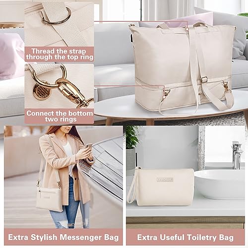 ETRONIK Weekender Bag for Women, Expandable Travel Duffel Bag with USB Charging Port, Gym Bag with Shoe Compartment and Wet Pocket, Carry On Tote Bag for Women Travel Airplanes 3Pcs Set, Beige