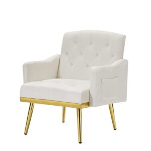 hansones Velvet Accent Armchair with Gold Metal Legs, Modern Upholstered Lounge Chair for Living Room (Off White)