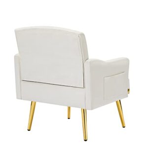 hansones Velvet Accent Armchair with Gold Metal Legs, Modern Upholstered Lounge Chair for Living Room (Off White)