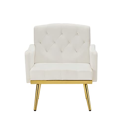 hansones Velvet Accent Armchair with Gold Metal Legs, Modern Upholstered Lounge Chair for Living Room (Off White)