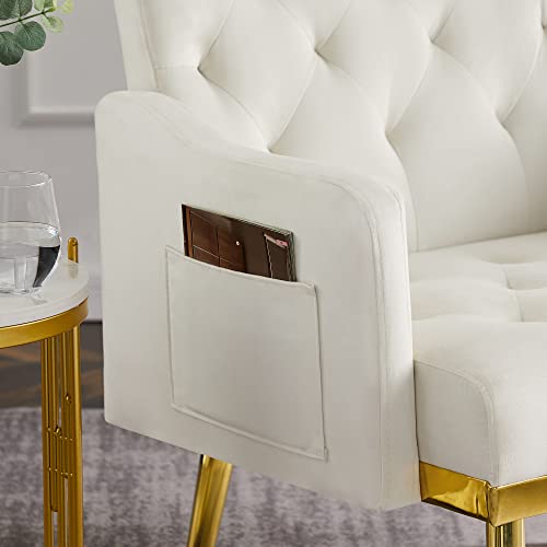 hansones Velvet Accent Armchair with Gold Metal Legs, Modern Upholstered Lounge Chair for Living Room (Off White)