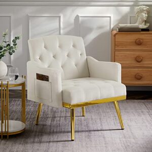 hansones Velvet Accent Armchair with Gold Metal Legs, Modern Upholstered Lounge Chair for Living Room (Off White)