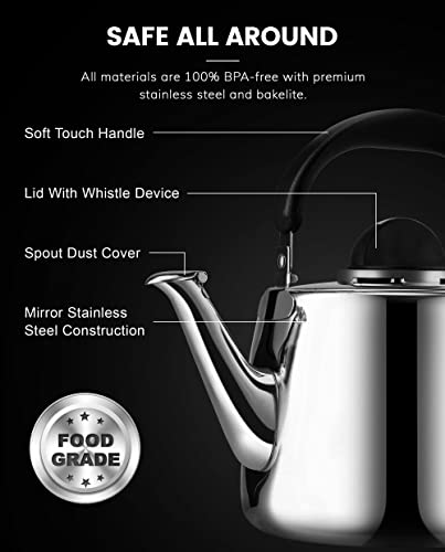 Tea Kettle - 2.5QT Whistling Tea Pots for Stove Top - Food Grade Stainless Steel Teapot - Classic Stovetop Kettle with Universal Base, Cool Grip Bakelite Handle