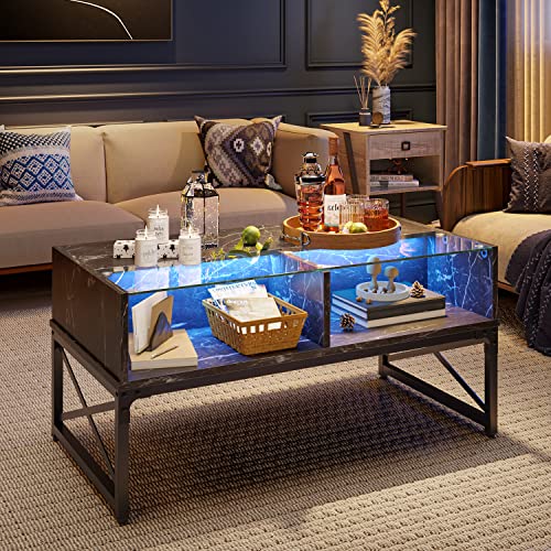 Bestier LED Coffee Tables for Living Room, 42 Inch Large Living Room Center Table, Smart Gaming Tea Tables for Home Office, Modern Style Black Faux Marble