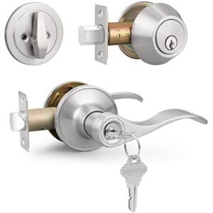 keyed alike lever set with single cylinder deadbolt, reversible wave style satin nickel lockset, lever door handle with key and lock for bedroom, front door 4 pack