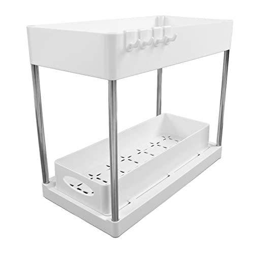 ASHATA Under Sink, Sliding Cabinet Basket, 2 Tier Storage Under Cabinet Bathroom Under Sink Organizers, for Cabinet Sliding Drawers Countertop Pantry Kitchen (White)