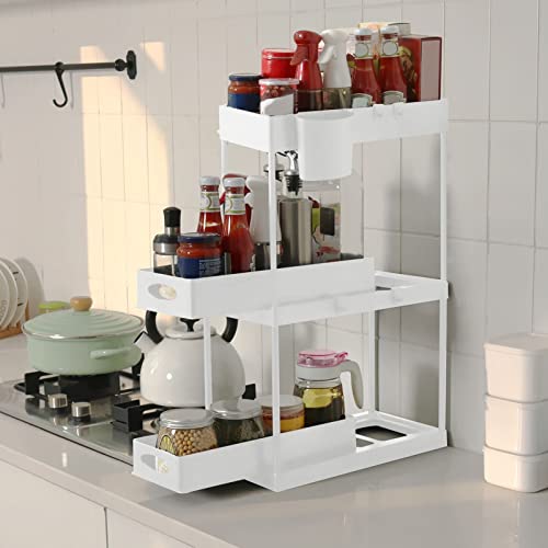 ASHATA Under Sink, Sliding Cabinet Basket, 2 Tier Storage Under Cabinet Bathroom Under Sink Organizers, for Cabinet Sliding Drawers Countertop Pantry Kitchen (White)