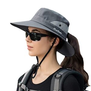npjy ponytail sun hat womens men 3” wide brim upf 50+ fishing beach bucket hats grey