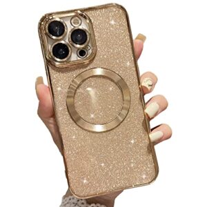 aowner magnetic case for iphone 14 pro max glitter case, luxury plating cute bling with camera lens protector, compatible with magsafe, slim thin for women girls protective clear phone case, gold