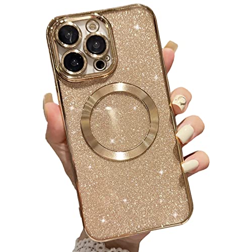 aowner Magnetic Case for iPhone 14 Pro Max Glitter Case, Luxury Plating Cute Bling with Camera Lens Protector, Compatible with MagSafe, Slim Thin for Women Girls Protective Clear Phone Case, Gold