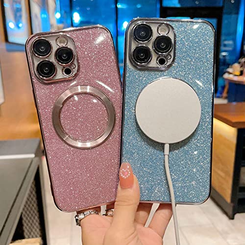 aowner Magnetic Case for iPhone 14 Pro Max Glitter Case, Luxury Plating Cute Bling with Camera Lens Protector, Compatible with MagSafe, Slim Thin for Women Girls Protective Clear Phone Case, Gold