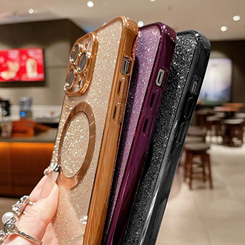 aowner Magnetic Case for iPhone 14 Pro Max Glitter Case, Luxury Plating Cute Bling with Camera Lens Protector, Compatible with MagSafe, Slim Thin for Women Girls Protective Clear Phone Case, Gold