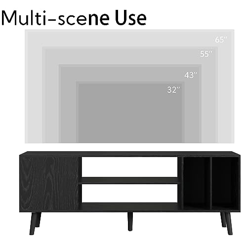 Yusong TV Stand for 55/65 inch TV, Mid Century Modern TV Console Table, Media Entertainment Center with Storage for Living Room Bedroom, Wood TV Cabinet, Oak Black