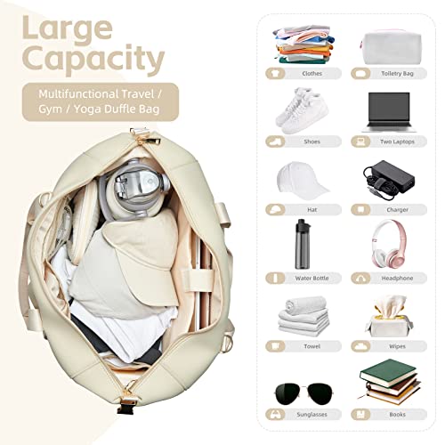 MOIY Gym bag for women with shoe compartment, Water proof weekender bags for women travel, Carry on bags for airplane, Neoprene travel bag, Yoga mat bag, Travel tote with luggage sleeve (Beige)