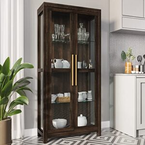 belleze storage cabinet, tall bookshelf or display cabinet for living room bedroom, curio cabinet with tempered glass doors, trophy display case, storage/organization - avalon (dark walnut)