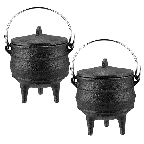 TAICHEUT 2 Pack 4 Inch Cast Iron Black Cauldron, Cauldron with Lid and Handle for Trick or Treat Party Supplies, Decorations, Spells, Ritual, and Blessings