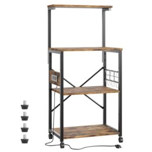 bestier bakers rack with power outlet, 4-tier kitchen microwave stand, coffee bar with 6 s-shaped hooks, rolling storage shelf rack with adjustable shelf for kitchen, living room - rustic brown