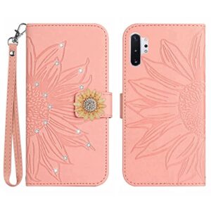 ONV Wallet Case for Samsung Galaxy Note 10 Plus - Glitter Shinny Sunflower Flip Leather Case Card Slot Shockproof Kickstand Magnetic Wrist Cover for Samsung Galaxy Note 10 Plus [HT] -Pink-T