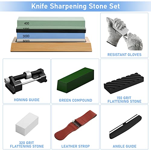 Greenual Knife Sharpening Stone Set Premium 4 Side Grit 400/1000 3000/8000 Whetstone Knife Sharpener Wet Stones Chisel Sharpening Kit Stones Leather Strop Honing Guide for Sharpeners Knives