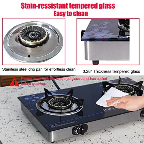 Hothit Gas Cooktop 2 Burner Outdoor Propane Stove, 28600 BTU, Portable Auto Ignition LPG Tempered Glass for camping, Courtyard Barbecue, RV Travel