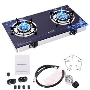 hothit gas cooktop 2 burner outdoor propane stove, 28600 btu, portable auto ignition lpg tempered glass for camping, courtyard barbecue, rv travel