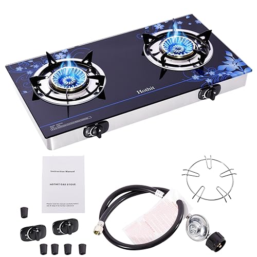 Hothit Gas Cooktop 2 Burner Outdoor Propane Stove, 28600 BTU, Portable Auto Ignition LPG Tempered Glass for camping, Courtyard Barbecue, RV Travel