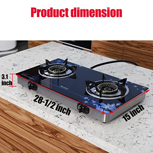 Hothit Gas Cooktop 2 Burner Outdoor Propane Stove, 28600 BTU, Portable Auto Ignition LPG Tempered Glass for camping, Courtyard Barbecue, RV Travel