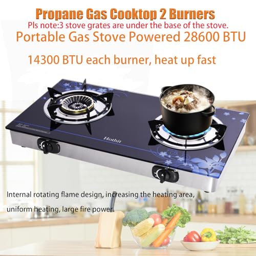 Hothit Gas Cooktop 2 Burner Outdoor Propane Stove, 28600 BTU, Portable Auto Ignition LPG Tempered Glass for camping, Courtyard Barbecue, RV Travel
