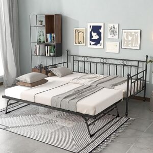 fulljojor twin day bed with trundle bed twin, metal daybed with trundle, daybed with pop up trundle bed frame, steel slat support sofa bed for kids teens adults, no box spring needed