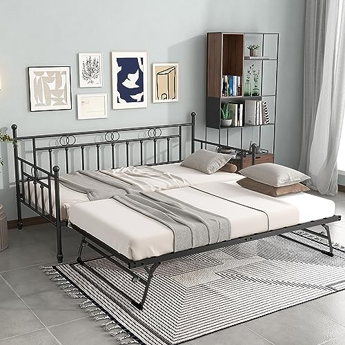 FULLJOJOR Twin Day Bed with Trundle Bed Twin, Metal Daybed with Trundle, Daybed with Pop Up Trundle Bed Frame, Steel Slat Support Sofa Bed for Kids Teens Adults, No Box Spring Needed