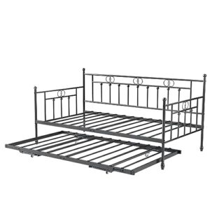 FULLJOJOR Twin Day Bed with Trundle Bed Twin, Metal Daybed with Trundle, Daybed with Pop Up Trundle Bed Frame, Steel Slat Support Sofa Bed for Kids Teens Adults, No Box Spring Needed