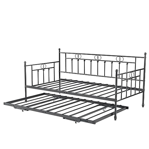 FULLJOJOR Twin Day Bed with Trundle Bed Twin, Metal Daybed with Trundle, Daybed with Pop Up Trundle Bed Frame, Steel Slat Support Sofa Bed for Kids Teens Adults, No Box Spring Needed