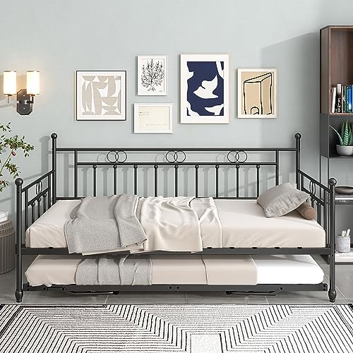 FULLJOJOR Twin Day Bed with Trundle Bed Twin, Metal Daybed with Trundle, Daybed with Pop Up Trundle Bed Frame, Steel Slat Support Sofa Bed for Kids Teens Adults, No Box Spring Needed