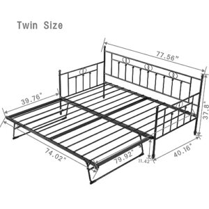 FULLJOJOR Twin Day Bed with Trundle Bed Twin, Metal Daybed with Trundle, Daybed with Pop Up Trundle Bed Frame, Steel Slat Support Sofa Bed for Kids Teens Adults, No Box Spring Needed