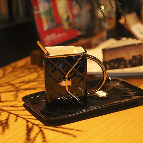 FLLETY Coffee Mug,Tea Cup Set,Coffee Cups Ceramic Travel Mug,Handbag Shaped Mug With Saucer And Spoon,Halloween Mugs With Gift Box For Women (Black)